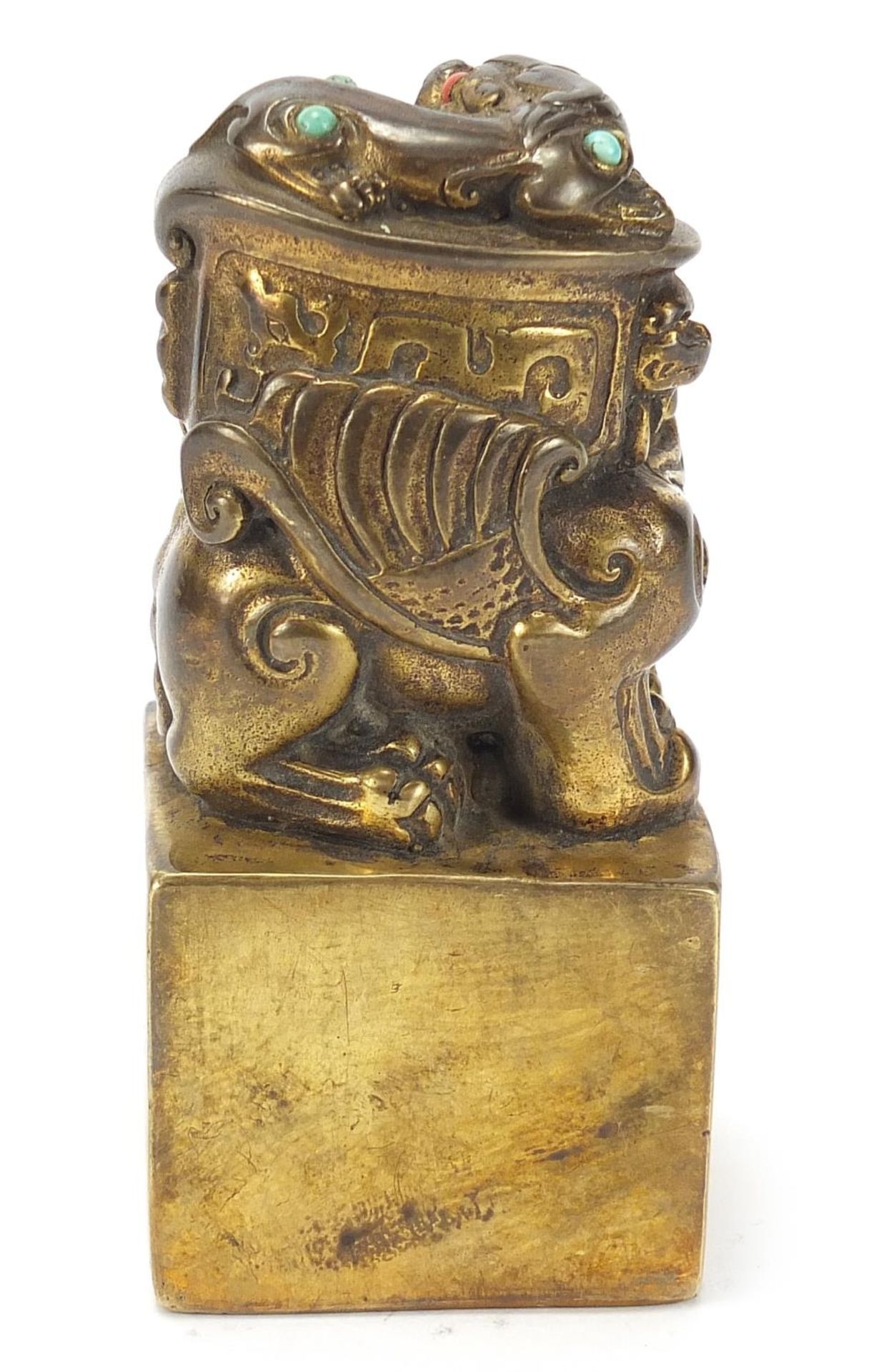 Chinese patinated bronze dog of Foo seal set with turquoise and coral coloured stones, 12cm high : - Image 4 of 7
