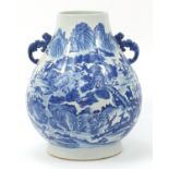 Very large Chinese blue and white porcelain arrow vase with ears, finely hand painted with deer in a
