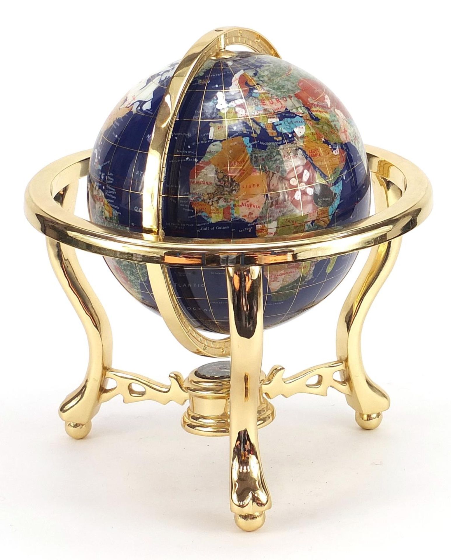 Brass and specimen stone table globe with compass under tier, 35cm high :For Further Condition