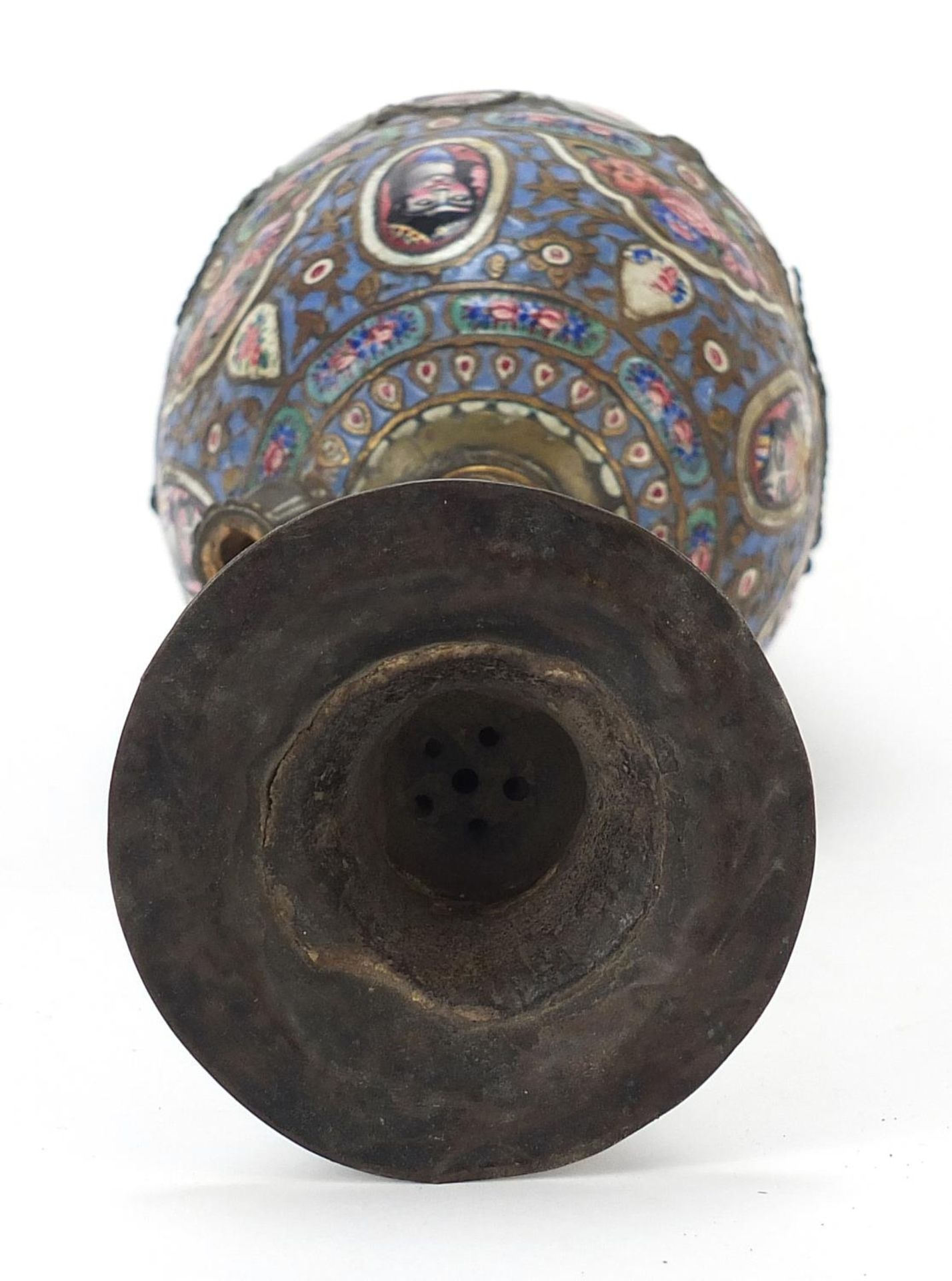 19th century Persian Qajar enamelled hookah on stand with mouthpiece and pear shaped reservoir, - Image 10 of 11