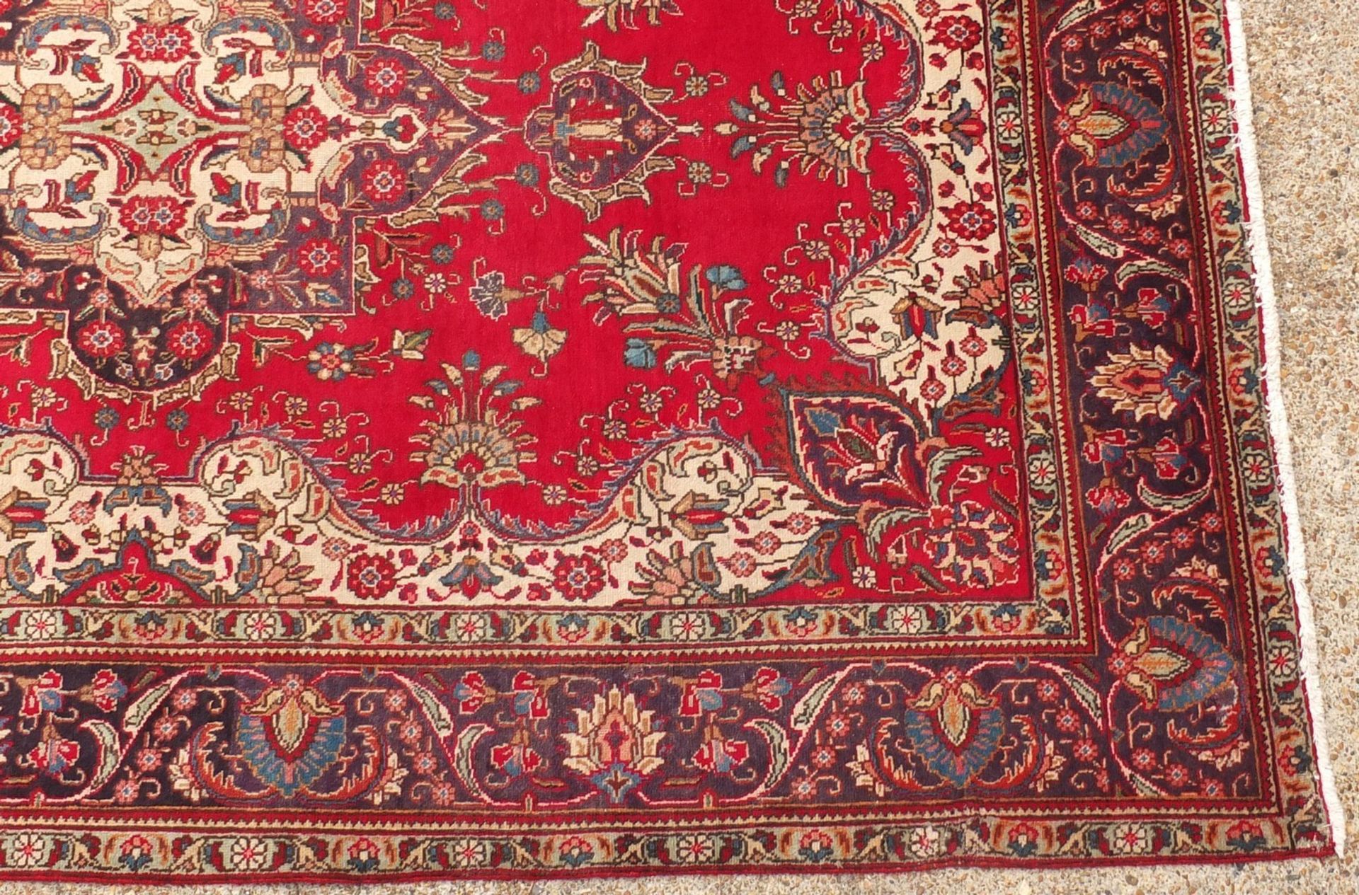 Hand made Iranian carpet with stylised floral pattern onto a red and blue ground, 354cm x 254cm :For - Image 3 of 4