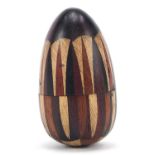 Victorian sewing interest Tunbridge stick ware thimble holder in the form of an egg, 4.5cm high :For