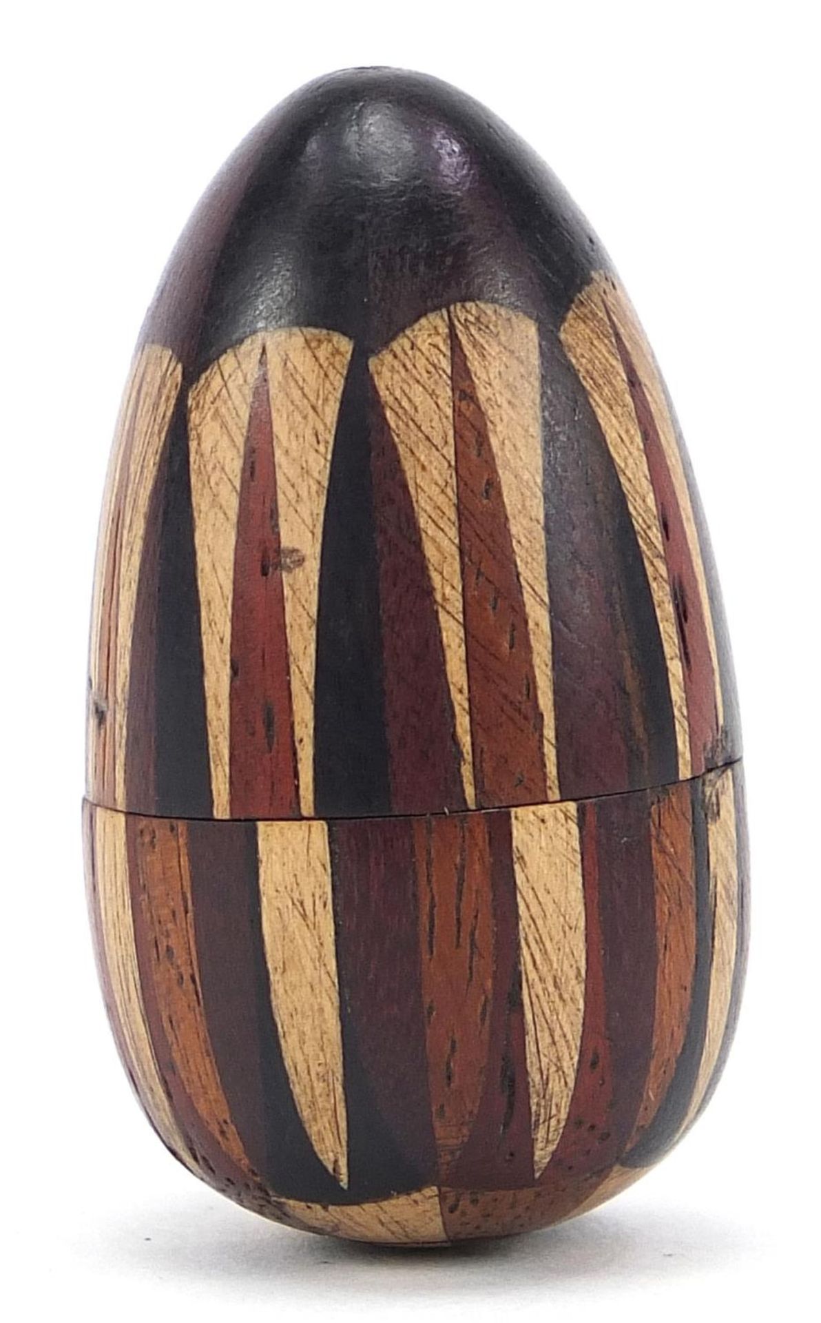 Victorian sewing interest Tunbridge stick ware thimble holder in the form of an egg, 4.5cm high :For