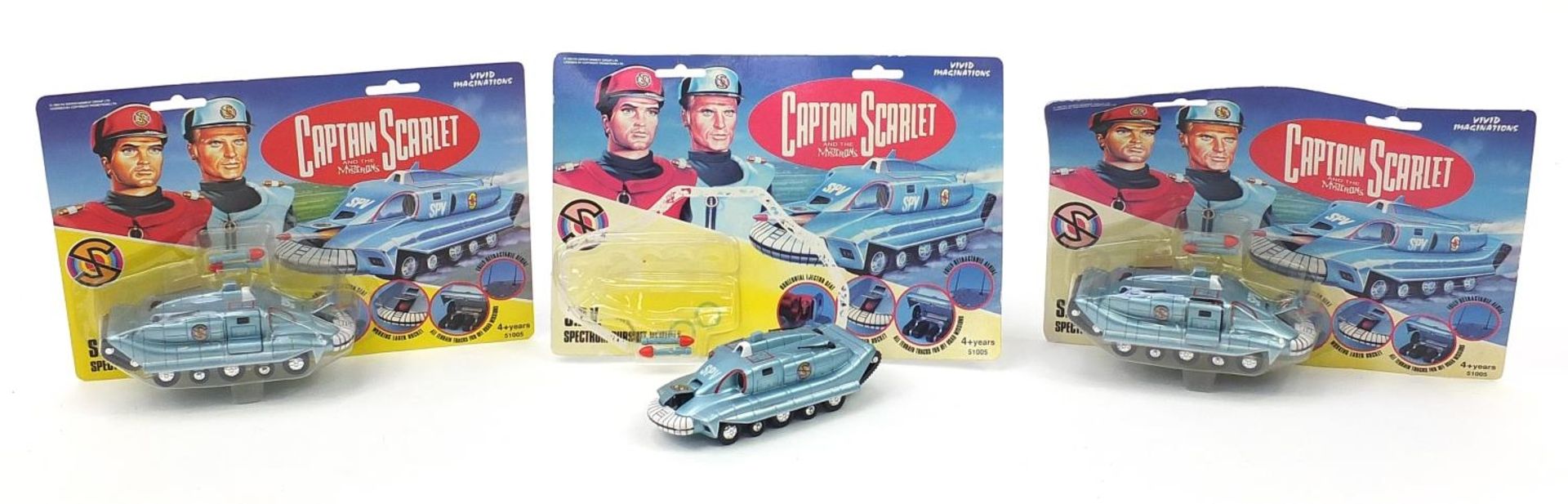 Three Captain Scarlet SPV Spectrum pursuit vehicles by Vivid Imaginations with blister packs :For