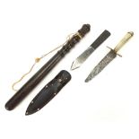 Two military interest hunting knives including one with a leather sheath and a Police truncheon, the