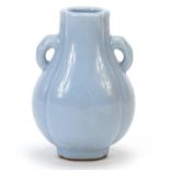 Chinese porcelain quatrefoil vase with ears having a clair de lune type glaze, 10cm high :For