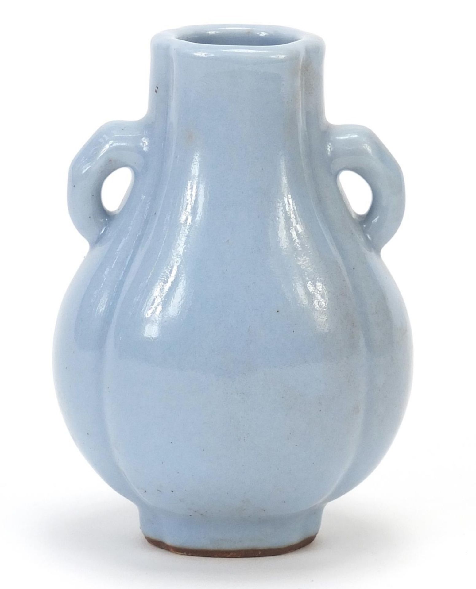 Chinese porcelain quatrefoil vase with ears having a clair de lune type glaze, 10cm high :For