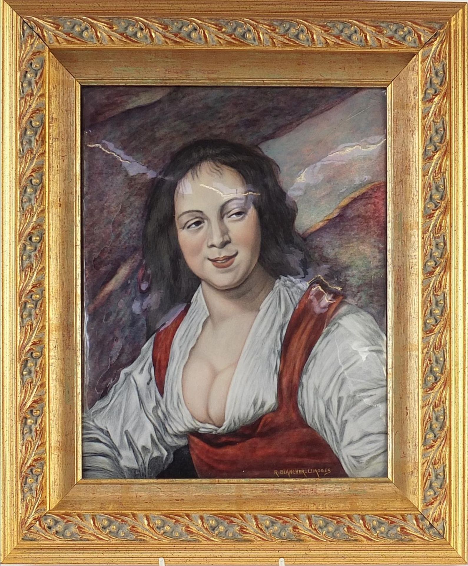 R Blancher for Limoges, French enamel panel hand painted with a female, mounted and framed, 24cm x - Bild 2 aus 5