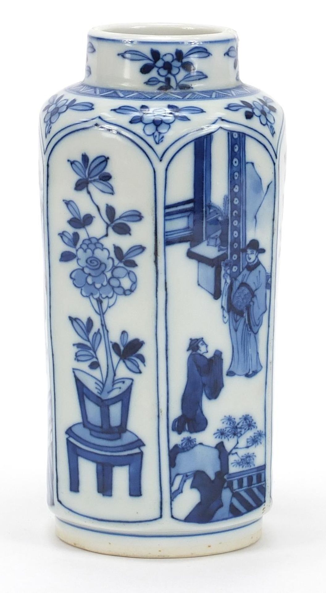 Chinese blue and white porcelain hexagonal vase hand painted with panels of figures and flowers, - Image 6 of 10