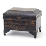 Japanese black lacquered table casket with fittted interior hand painted with a landscape, 25cm H