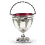 Silver plated basket with ruby glass liner and swing handle, 13cm high :For Further Condition