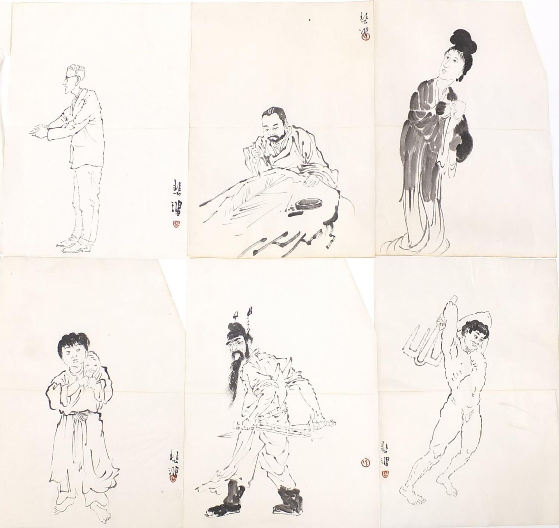 Attributed to Xu Beihong - Figural studies, collection of thirty two Chinese ink drawings, each 42. - Image 10 of 11