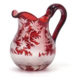 Bohemian ruby flashed glass jug etched with a deer in a landscape, 9cm high :For Further Condition