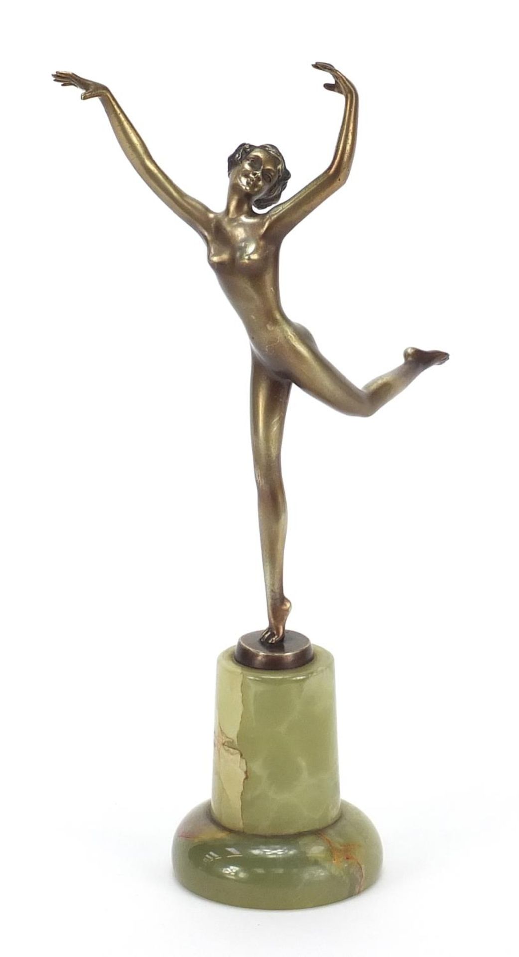 Josef Lorenzl, Austrian Art Deco patinated bronze figurine of a dancing nude female raised on a