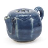 Chinese porcelain blue glazed water pot with ruyi head border, 8cm in length :For Further