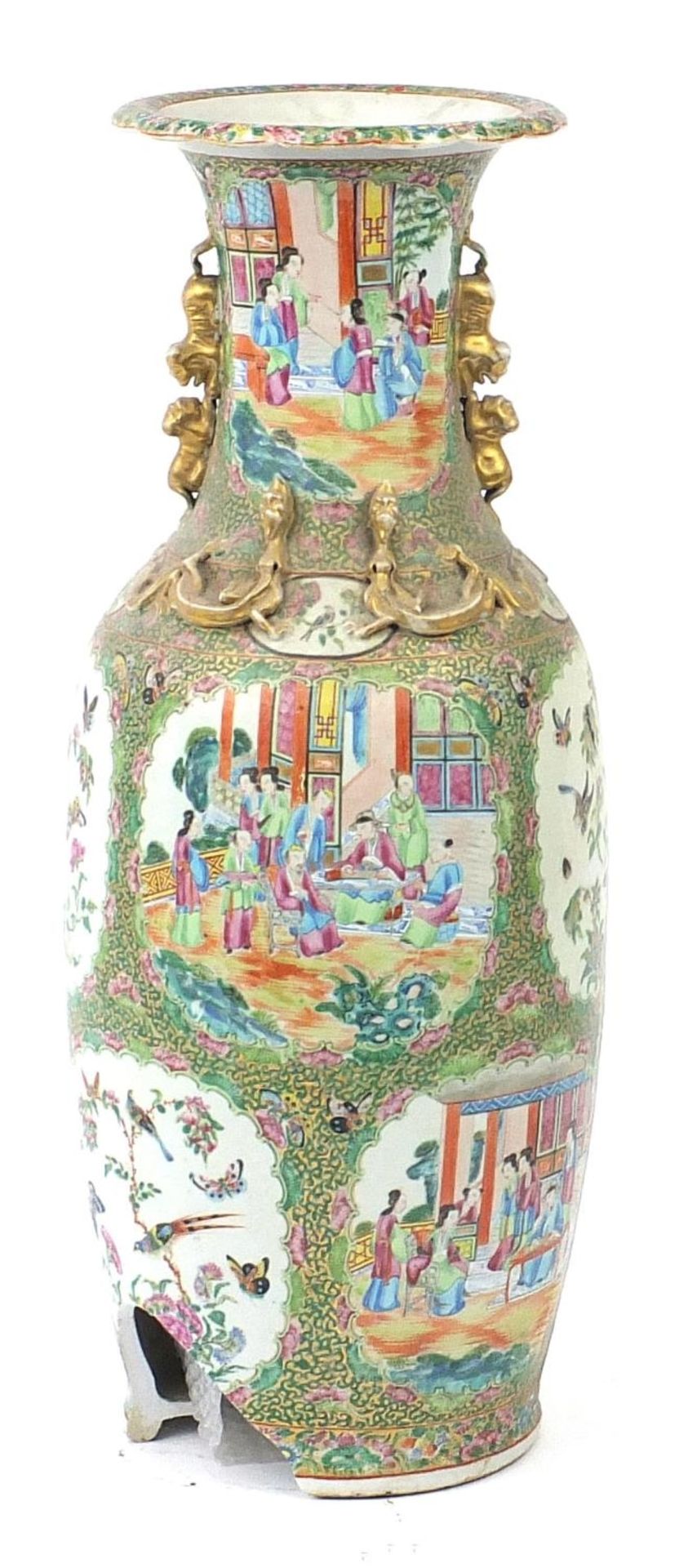 Large Chinese Canton porcelain vase with twin handles finely hand painted in the famille rose - Bild 5 aus 10