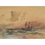 Rigged ship on stormy sea, early 20th century watercolour bearing an indistinct signature, mounted