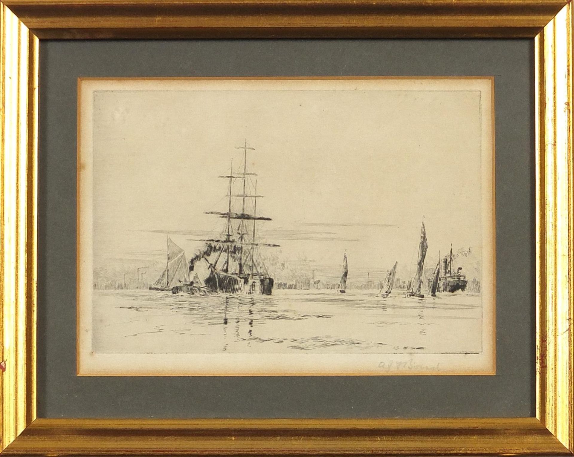 Ships on the Thames, etching, indistinctly pencil signed, mounted, framed and glazed, 16cm x 11. - Bild 2 aus 4
