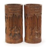 Pair of Chinese bamboo brush pots carved with figures, each 24cm high :For Further Condition Reports