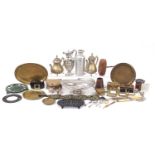 Metalware and sundry items including Indian caskets, cutlery, swing handled basket, silver plated