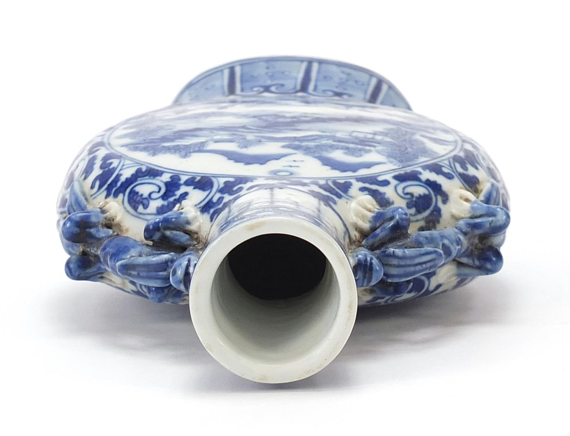 Chinese blue and white porcelain moon flask with animalia handles, finely hand painted with panels - Image 5 of 8
