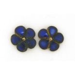 Pair of 9ct gold blue enamel flower head stud earrings, 8mm in diameter, 0.9g :For Further Condition