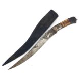 Afghan pesh-kabz knife with bone handle, sheath and steel blade engraved with a wild animal