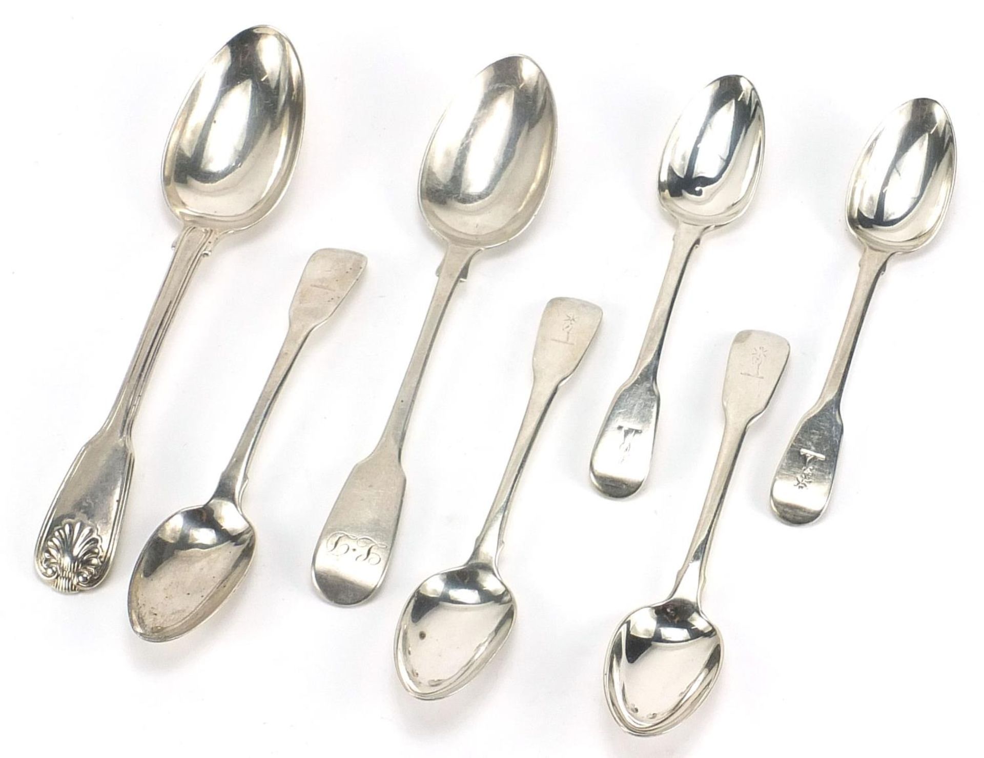 Georgian and later silver spoons including a set of four, various hallmarks, the largest 17.5cm in