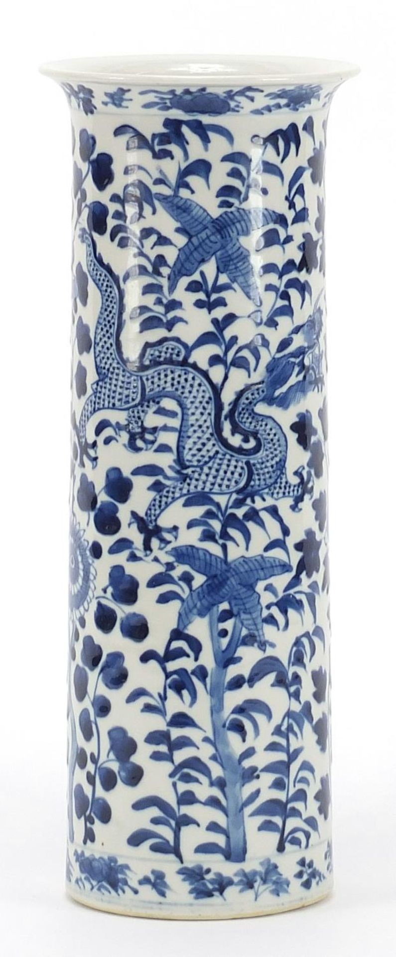 Large Chinese blue and white porcelain cylindrical vase hand painted with two dragons amongst - Image 4 of 8