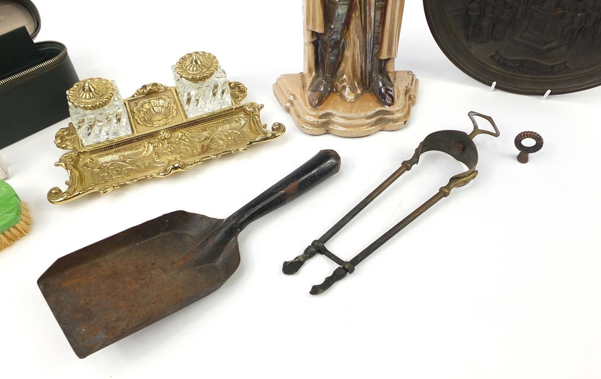 Sundry items including an ornate brass desk stand with glass inkwells and a knight fire companion - Image 5 of 5