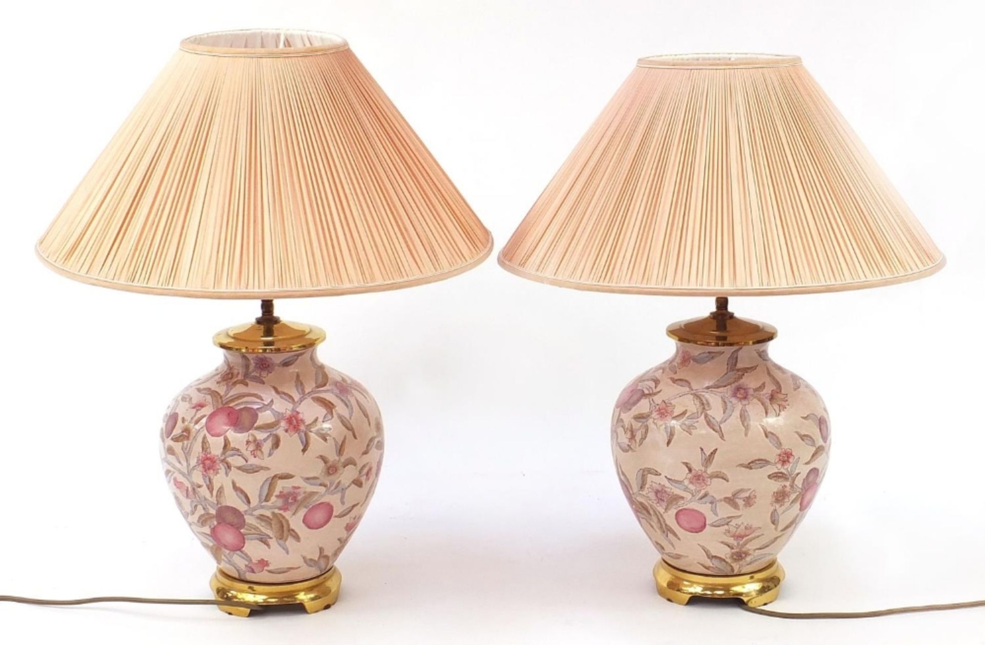 Pair of Chinese porcelain table lamps with shades each hand painted with flowers and plums, each - Image 2 of 4