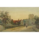A V Smedley - Lady in a street before a church, late 19th century signed watercolour, mounted,