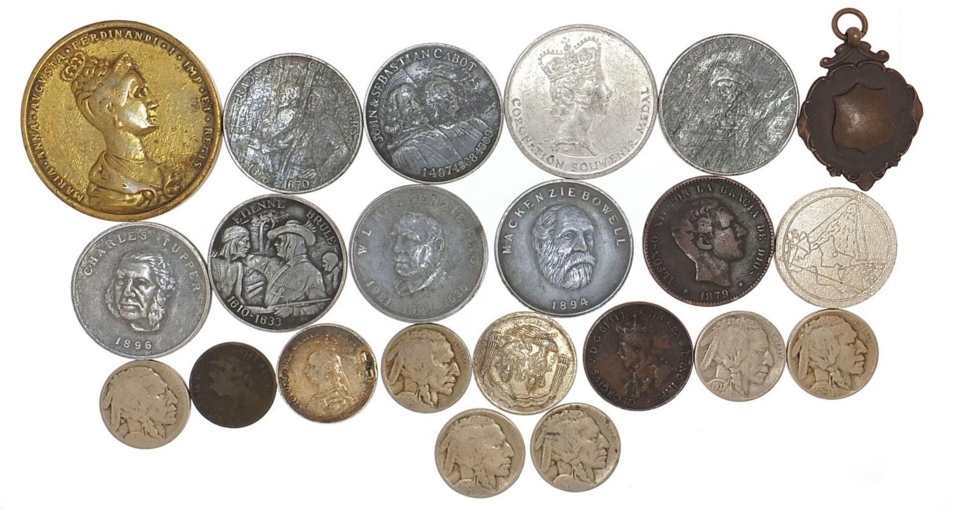 British and World coinage and medallions including two United States of America five cents :For