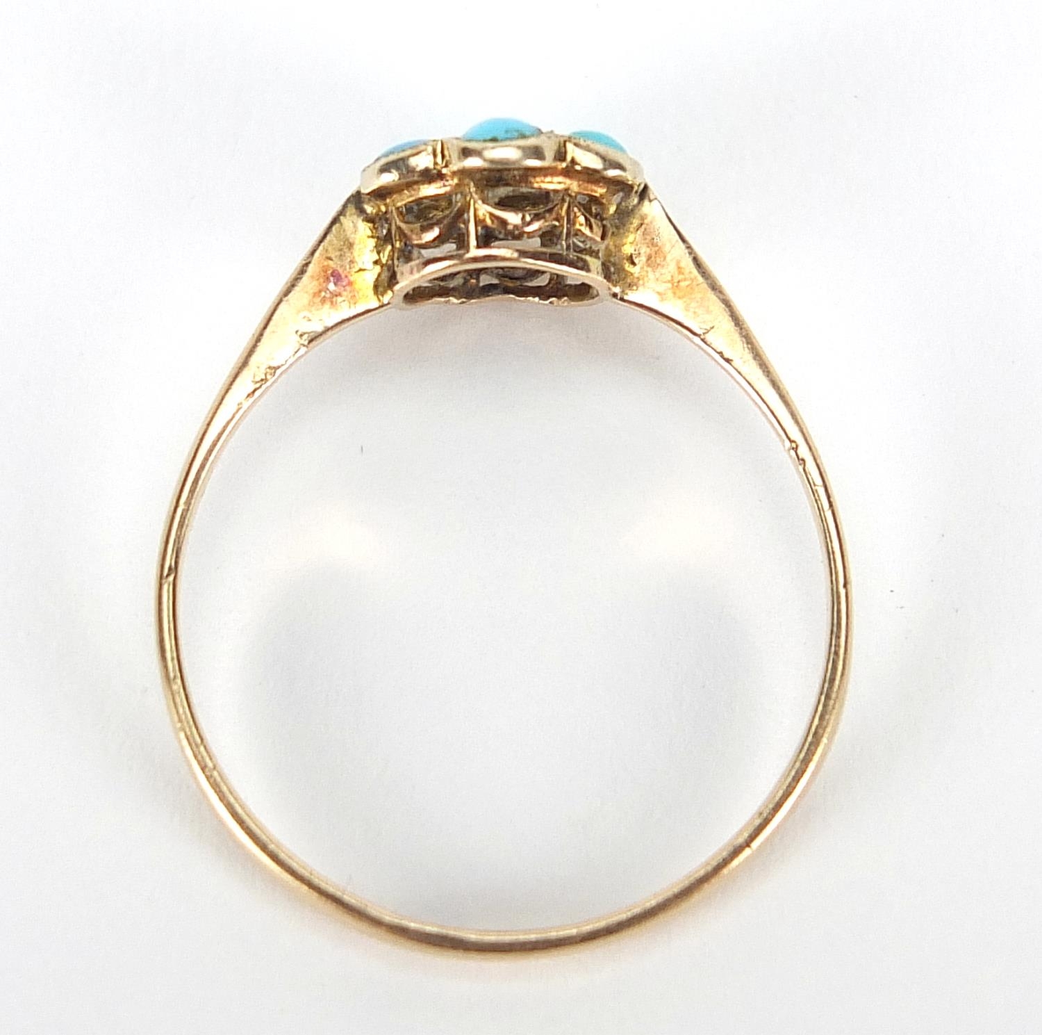 9ct gold turquoise flower head ring, size P, 1.0g :For Further Condition Reports Please Visit Our - Image 5 of 5