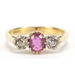 18ct gold ruby and diamond three stone ring, size Q, 3.7g :For Further Condition Reports Please