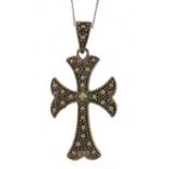 Silver marcasite cross pendant on a silver necklace, 4cm high and 46cm in length, total 6.0g :For