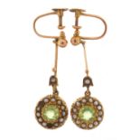 Pair of 9ct gold peridot and seed pearl drop earrings, 3.2cm high, 2.4g :For Further Condition