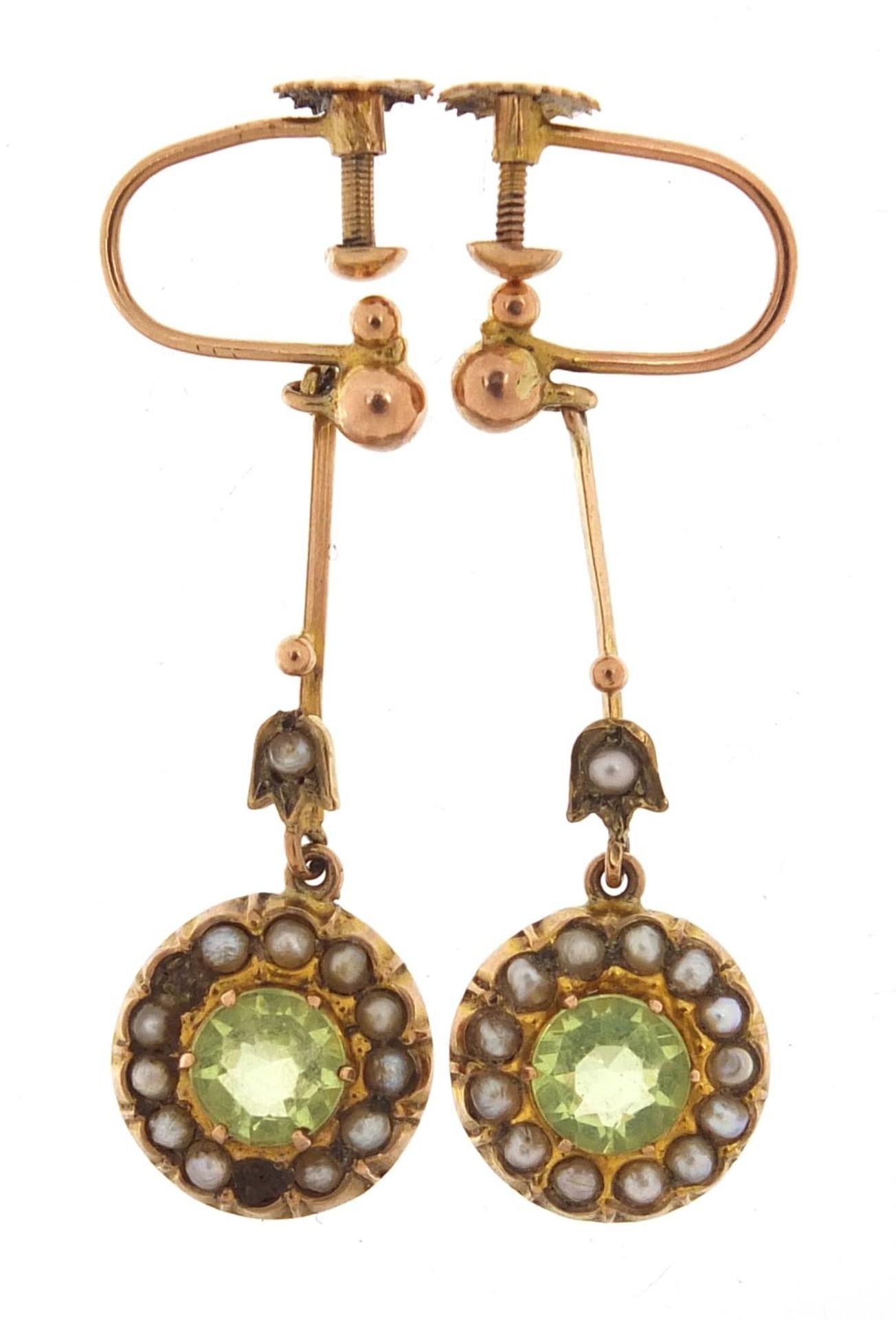 Pair of 9ct gold peridot and seed pearl drop earrings, 3.2cm high, 2.4g :For Further Condition