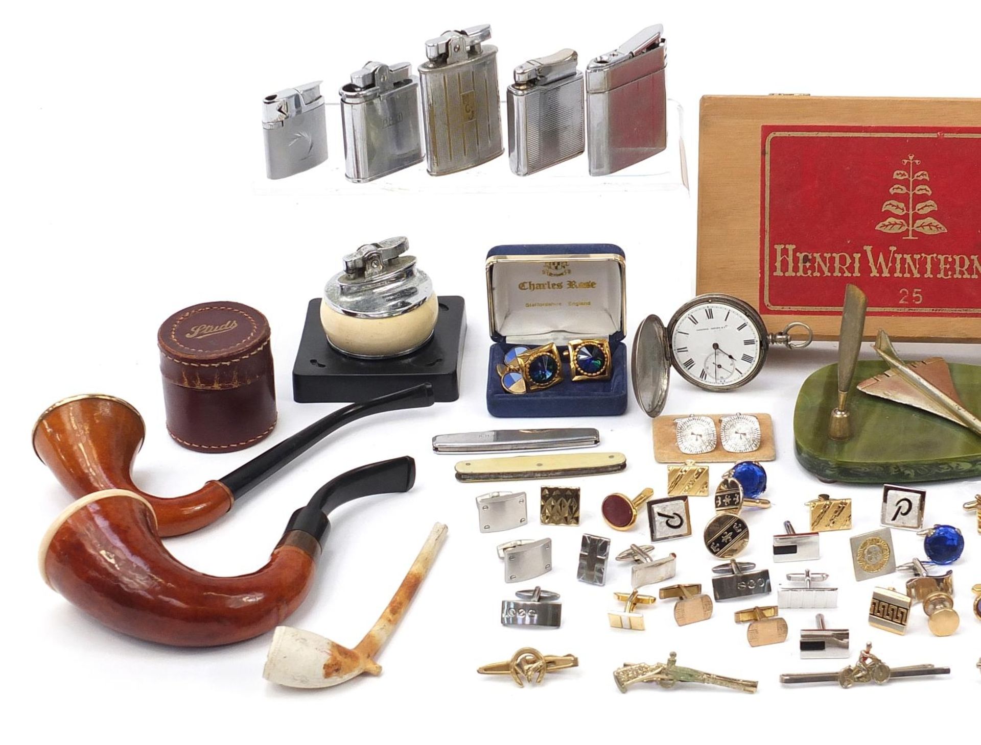Objects including a Langdon Davies silver pocket watch, lighters, smoking pipes, cufflinks and - Image 2 of 6