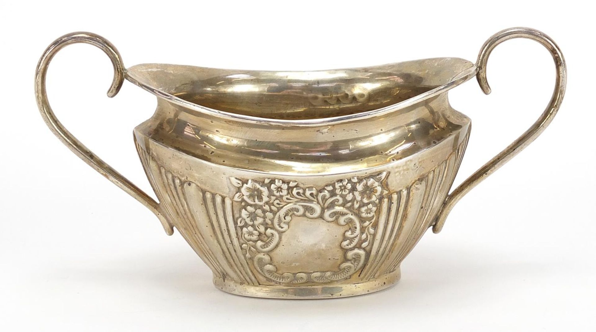 Joseph Gloster Ltd, Victorian silver sugar bowl with demi fluted body, blank cartouche and twin