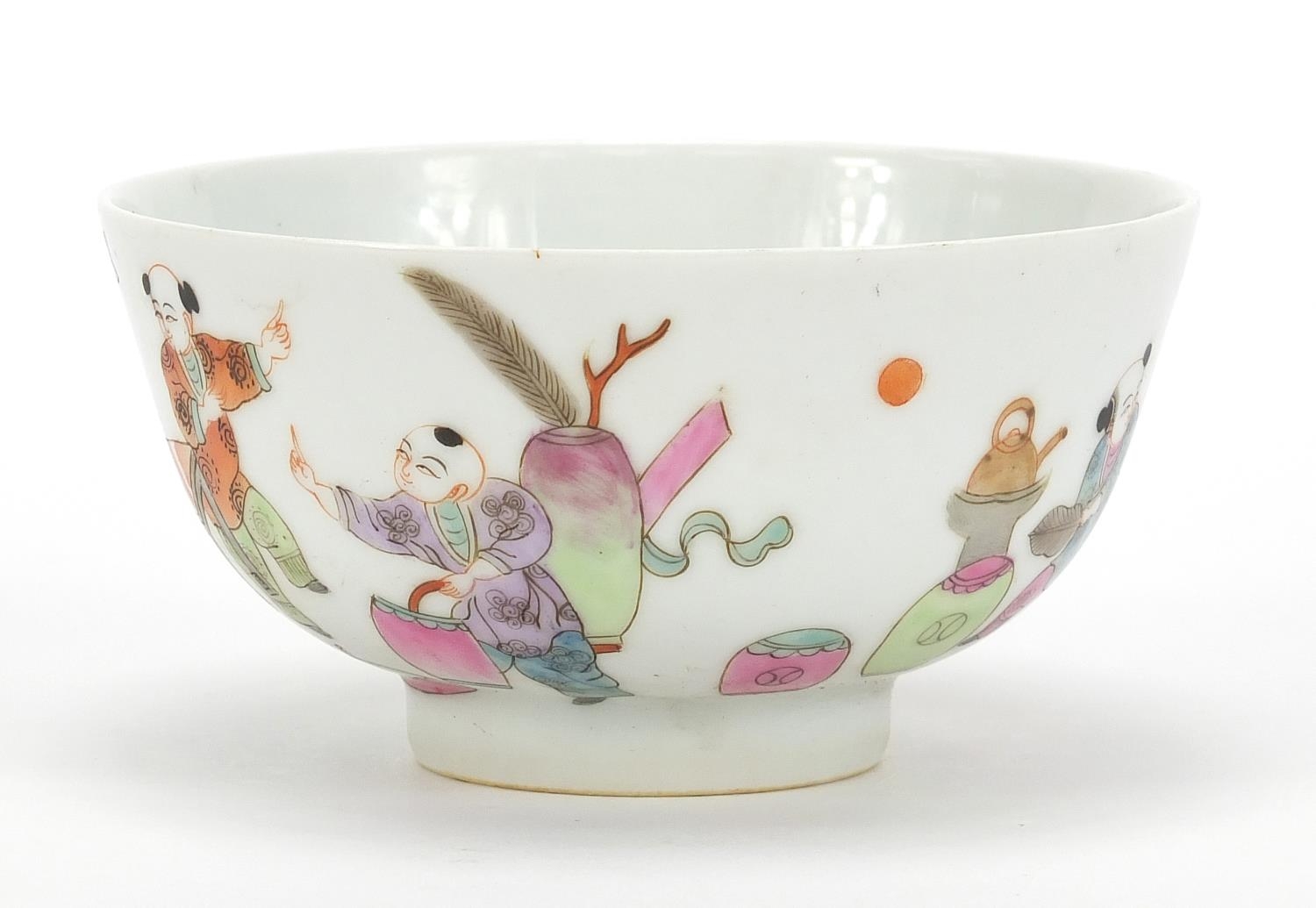 Chinese porcelain bowl hand painted in the famille rose palette with figures in a palace setting, - Image 4 of 8