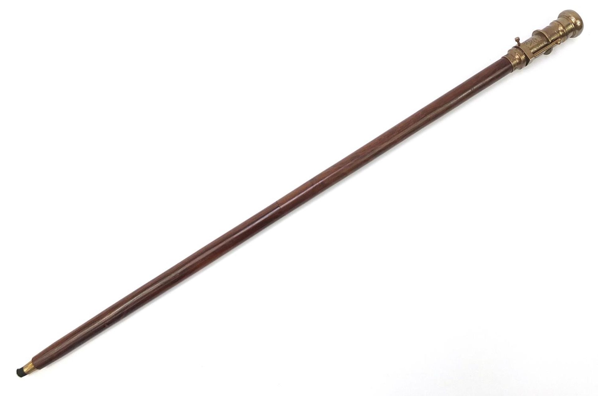 Hardwood walking stick with brass two draw telescope and compass pommel, 96cm in length :For Further - Image 8 of 9