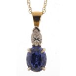 9ct gold tanzanite and cubic zirconia pendant on a 9ct gold necklace, 2cm high and 44cm in length,
