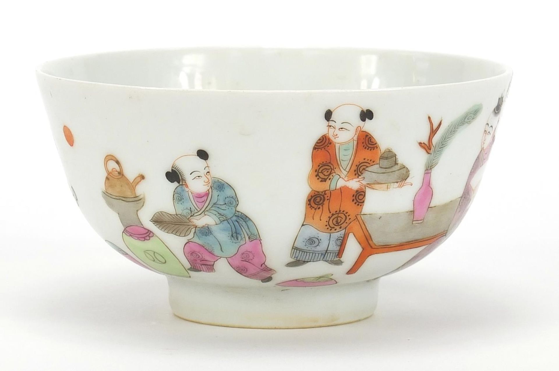 Chinese porcelain bowl hand painted in the famille rose palette with figures in a palace setting, - Image 3 of 8