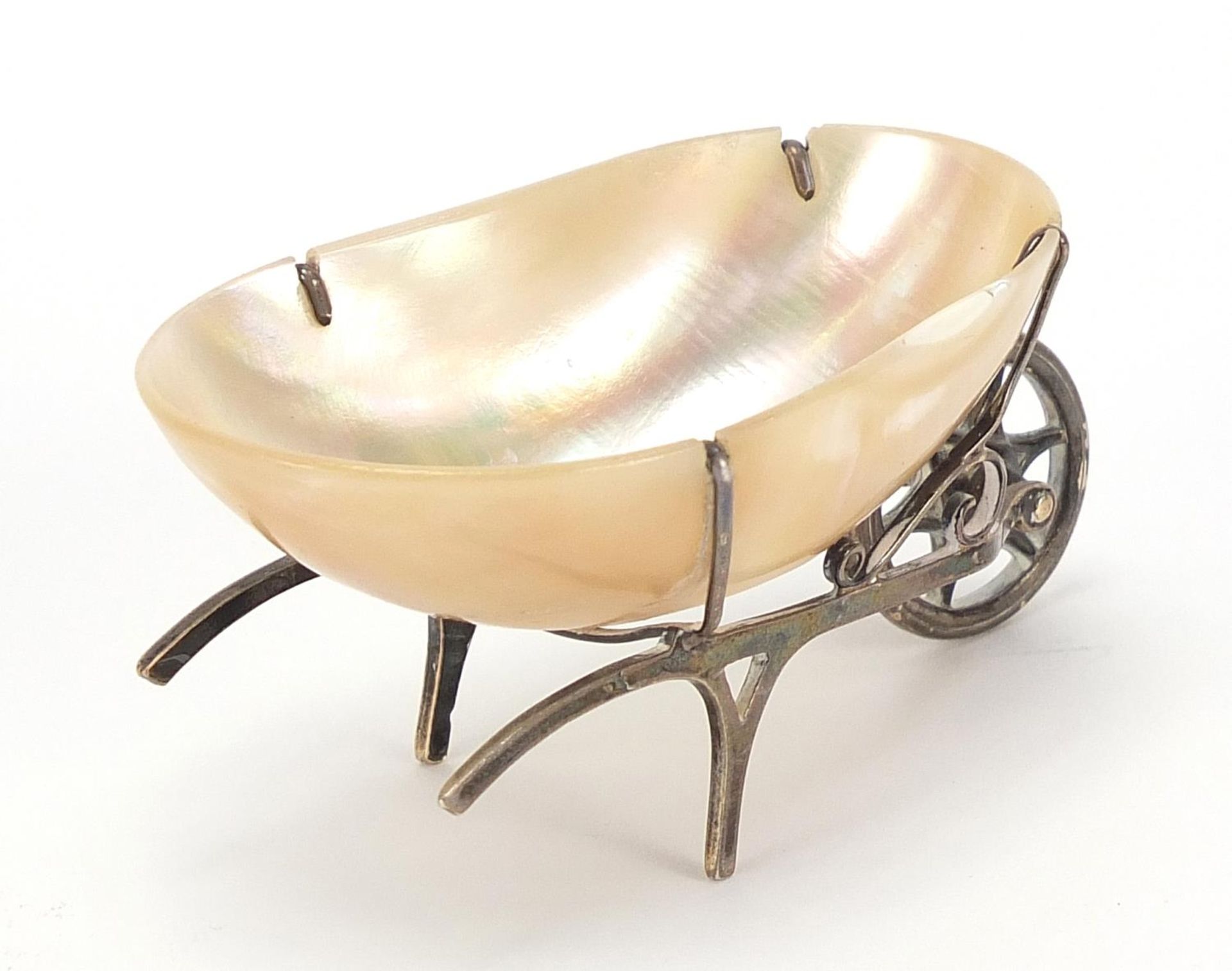 Adie & Lovekin Ltd, George V silver and mother of pearl table salt in the form of a wheelbarrow, - Image 2 of 4