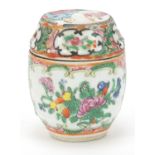 Chinese Canton porcelain barrel box and cover hand painted in the famille rose palette with figures,