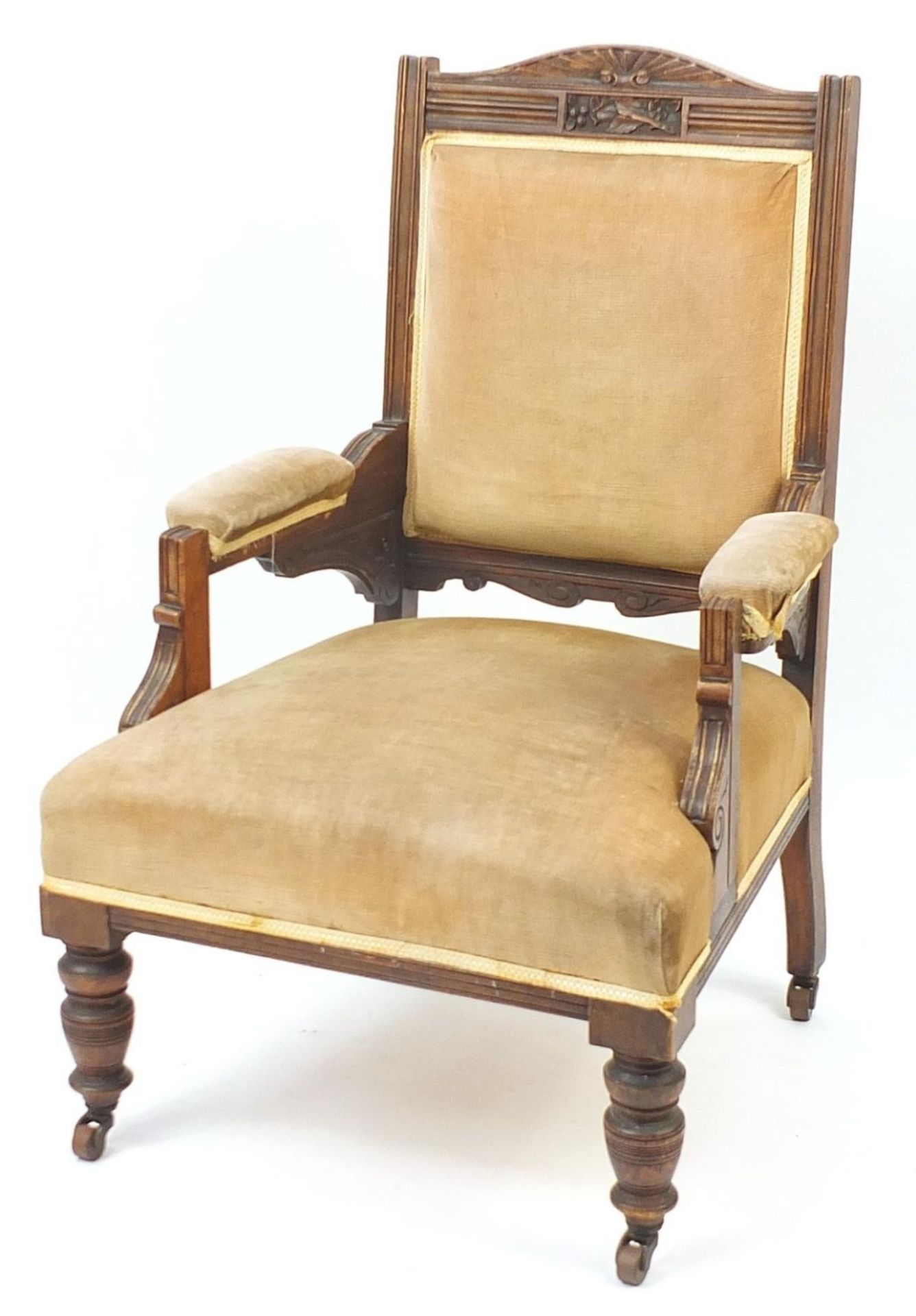 Edwardian carved walnut open elbow chair with beige upholstery, 100cm high :For Further Condition