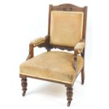 Edwardian carved walnut open elbow chair with beige upholstery, 100cm high :For Further Condition