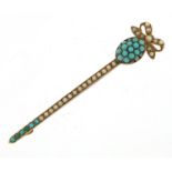 Victorian unmarked gold turquoise and seed pearl bar brooch in the form of a sword, housed in an E