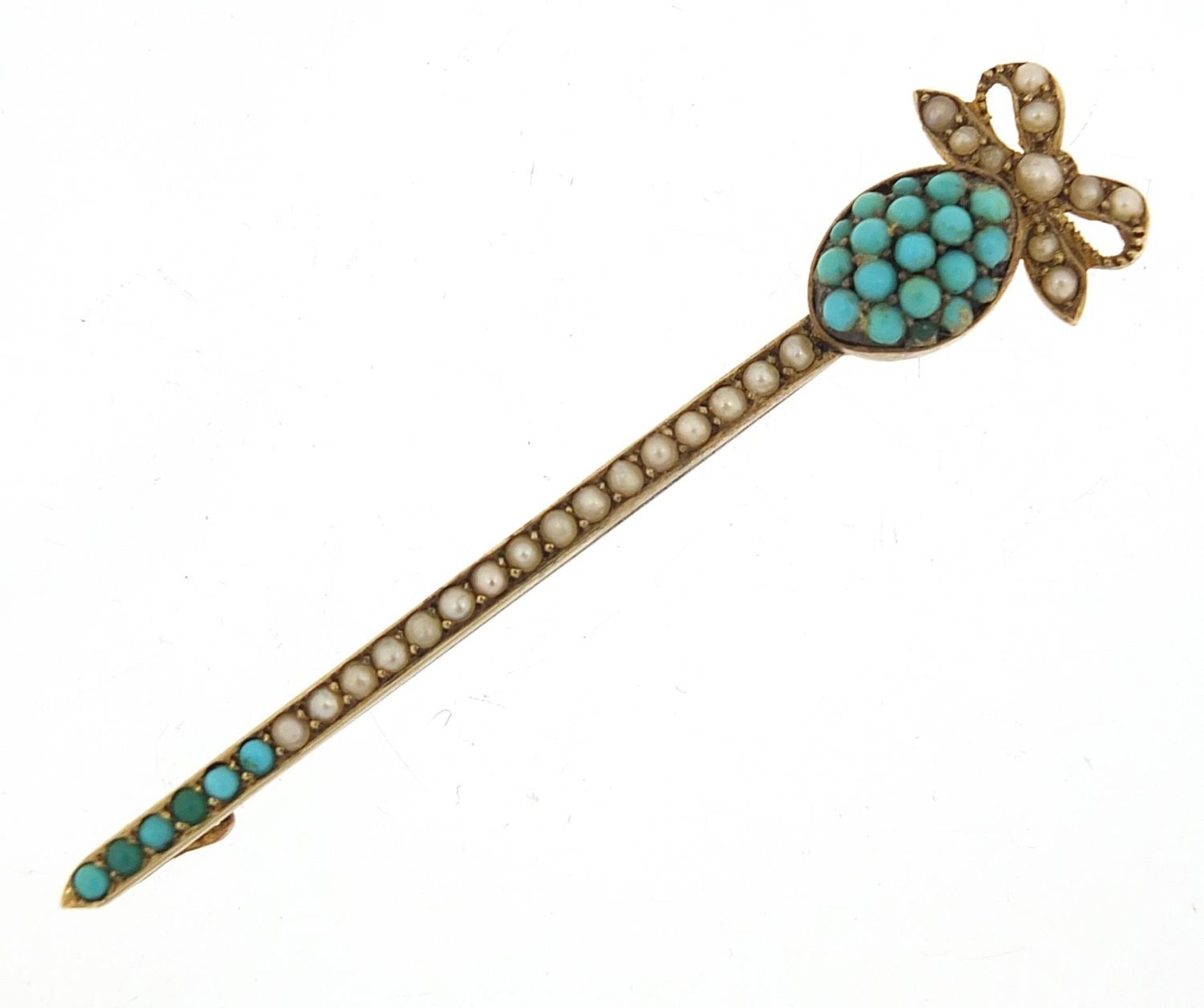 Victorian unmarked gold turquoise and seed pearl bar brooch in the form of a sword, housed in an E